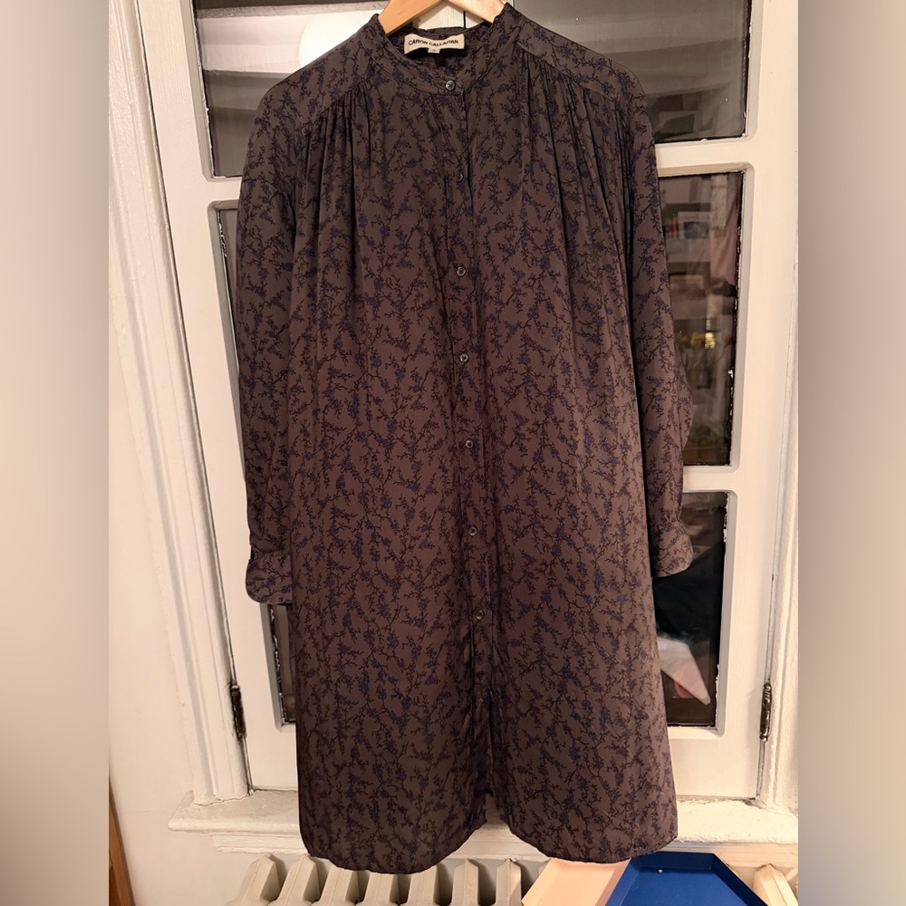 Caron Callahan Navy and Brown Floral Print Long Shirt Dress